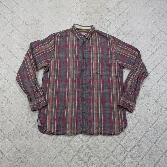 32 Bar Blues Shirt Men's L Red Brown Plaid Linen Button Up Long Sleeve - Picture 1 of 7